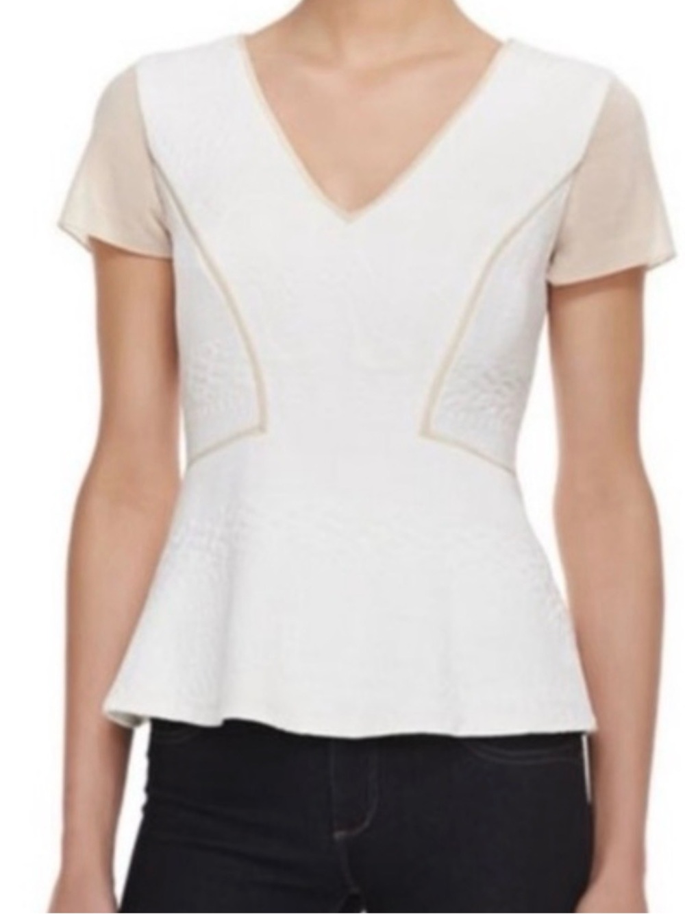 Rebecca Taylor White Peplum Top with Sheer Cream Cap Sleeves